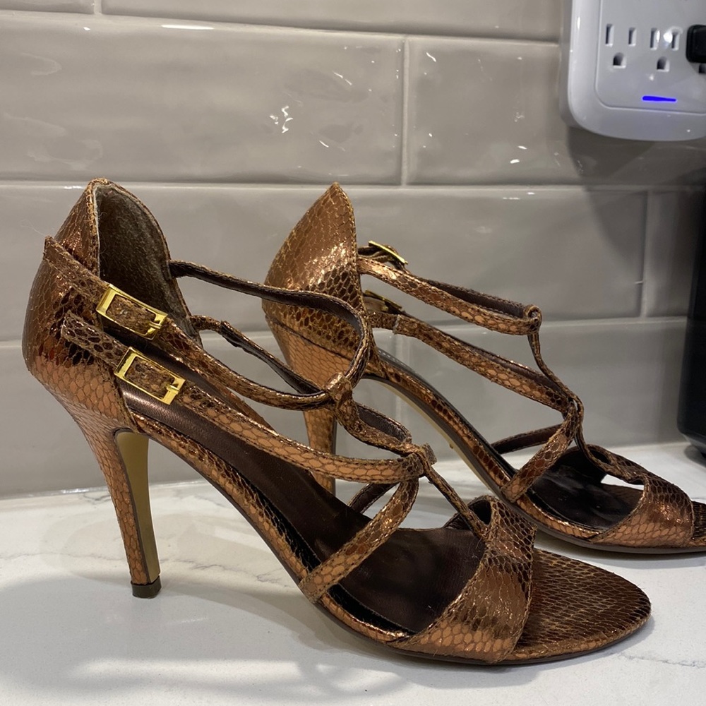 Shiny Bronze, Vegan, Faux Snakeskin, Strappy, Heels .